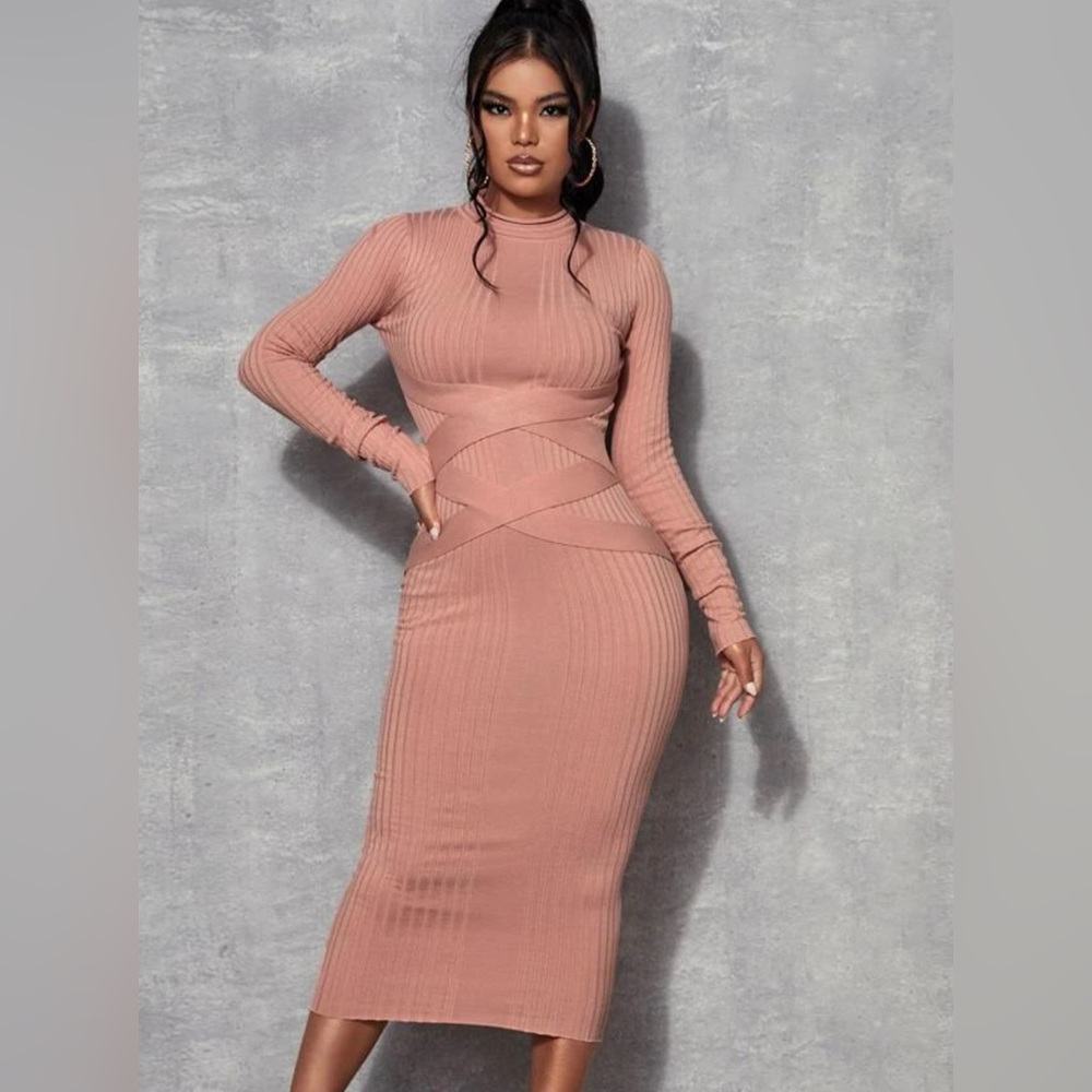 Very Fitted Light Pink Bandage Long Sleeve Dress - Knit Ribbed